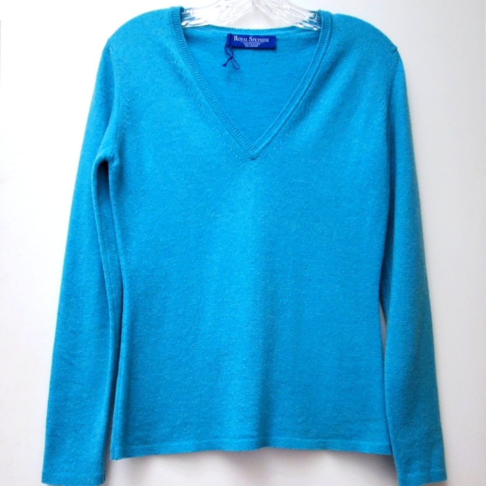 Royal Speyside Turquoise Blue 100% Cashmere Vneck Sweater Made In Scotland Sz XS